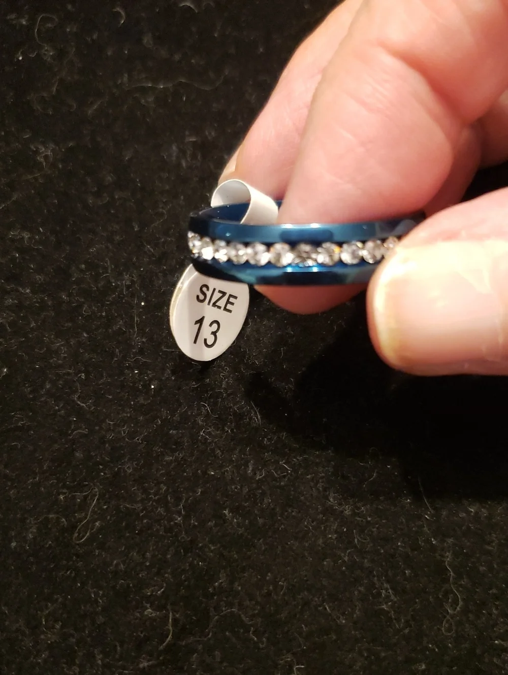 NEW-Size 13 Unisex Deep Teal Blue Polished Metal W/Channel-set Diamondy Stones.
